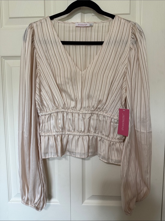 Shoe Dazzle Tops - Shoe Dazzle Cream Striped V-Neck Peplum Blouse